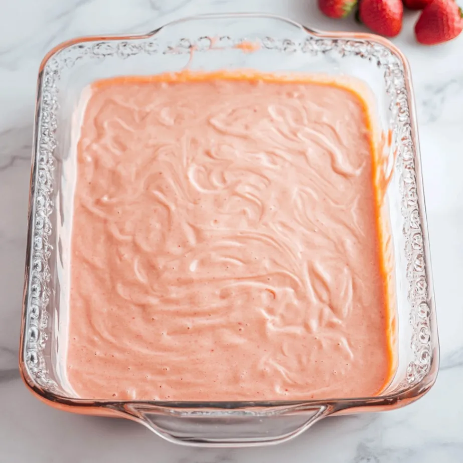 A glass baking dish filled with smooth, liquid pink cake batter with a slightly glossy surface, sitting on a white marble countertop.