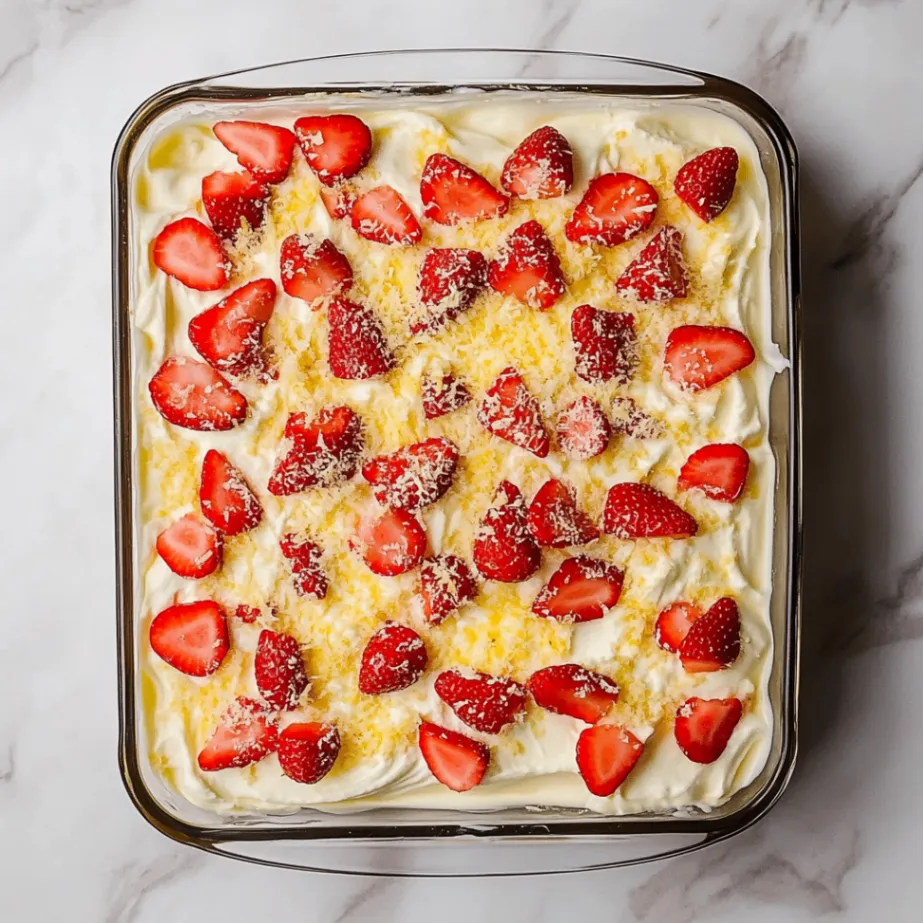 A glass baking dish filled with pink cake batter, topped with chopped fresh strawberries and irregular pieces of white chocolate. The dish sits on a white marble countertop.