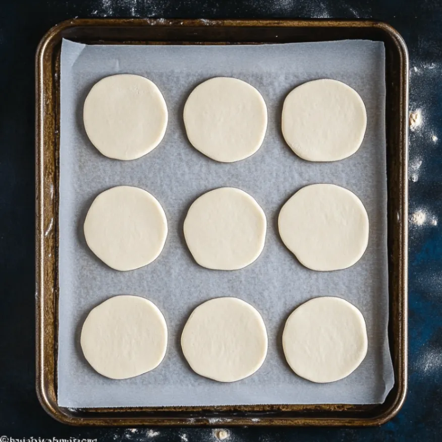 A metal baking sheet lined with parchment paper, holding twelve round sugar cookie dough discs neatly arranged in rows, ready for baking. The background is a dark textured surface.