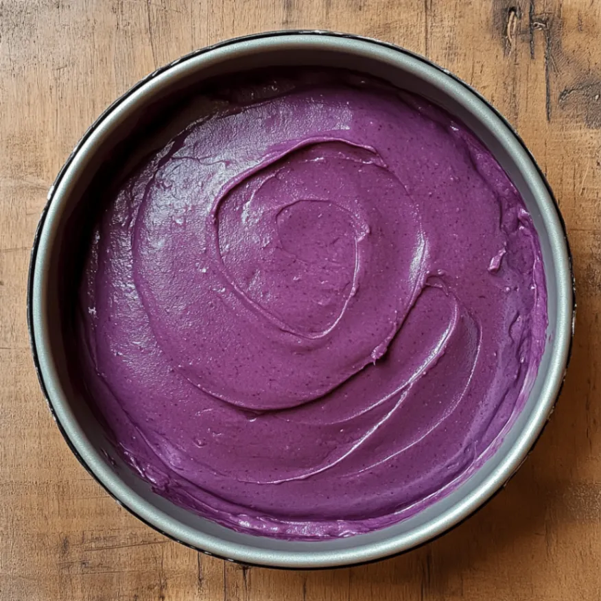 A round cake pan filled with smooth, deep purple velvet cake batter, with a glossy texture and light spatula swirls. The pan is lightly floured on the edges and rests on a warm-toned wooden surface.