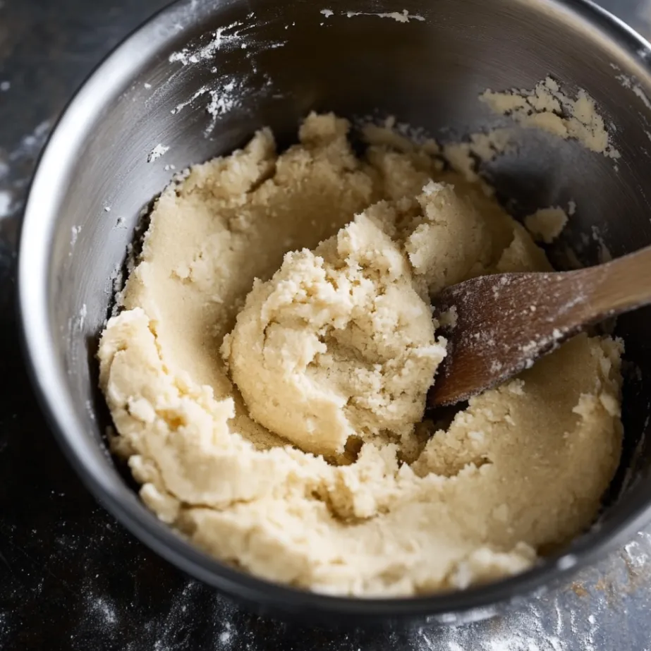 A stainless steel mixing bowl filled with freshly made sugar cookie dough, with a wooden spoon partially submerged. The dough has a soft, crumbly texture, and flour is lightly scattered on the dark countertop.