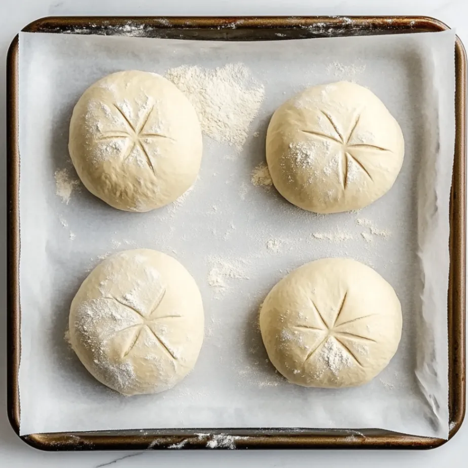 Four round sourdough dough balls resting on a parchment-lined baking sheet, lightly dusted with flour and scored with simple patterns before baking.