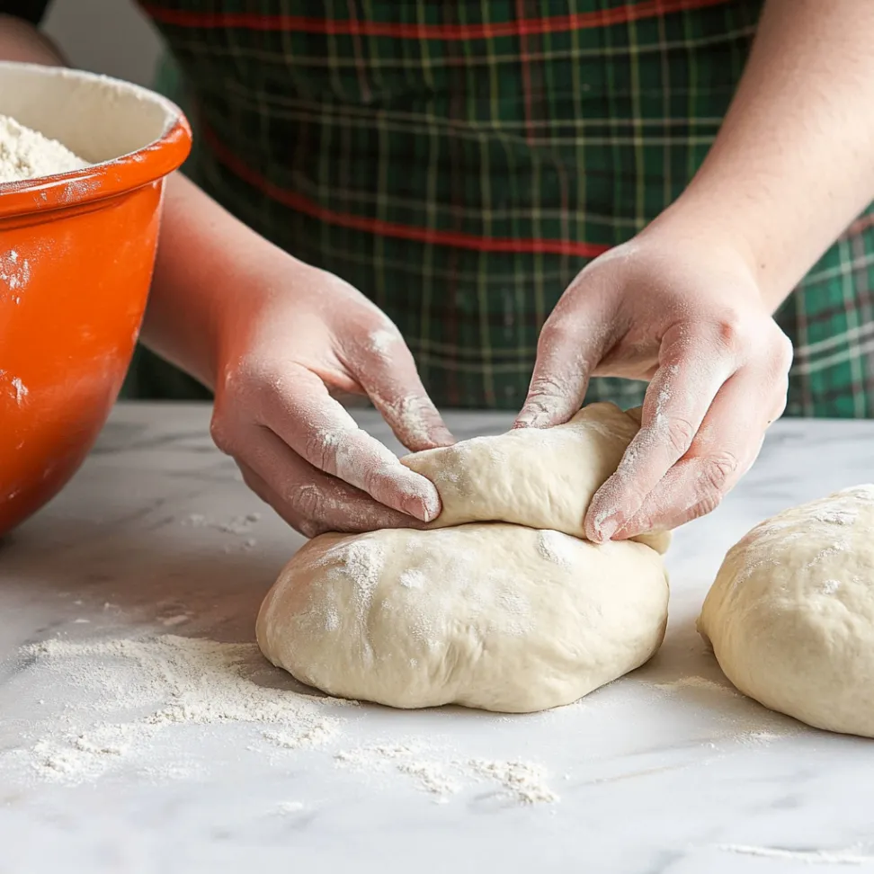 A baker’s hands stretching and folding soft sourdough dough on a floured countertop, with a vintage orange mixing bowl in the background.