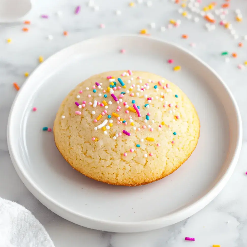 A slightly angled view of a golden-brown sugar cookie on a white plate, showcasing its thickness and soft texture with colorful sprinkles scattered around. A silver fork and linen napkin are nearby.