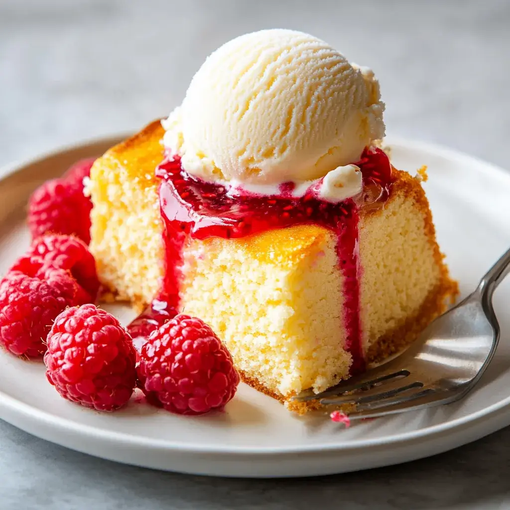 A slice of golden butter cake topped with a scoop of vanilla ice cream and drizzled with vibrant raspberry sauce. Fresh raspberries are placed around the cake on a white plate.