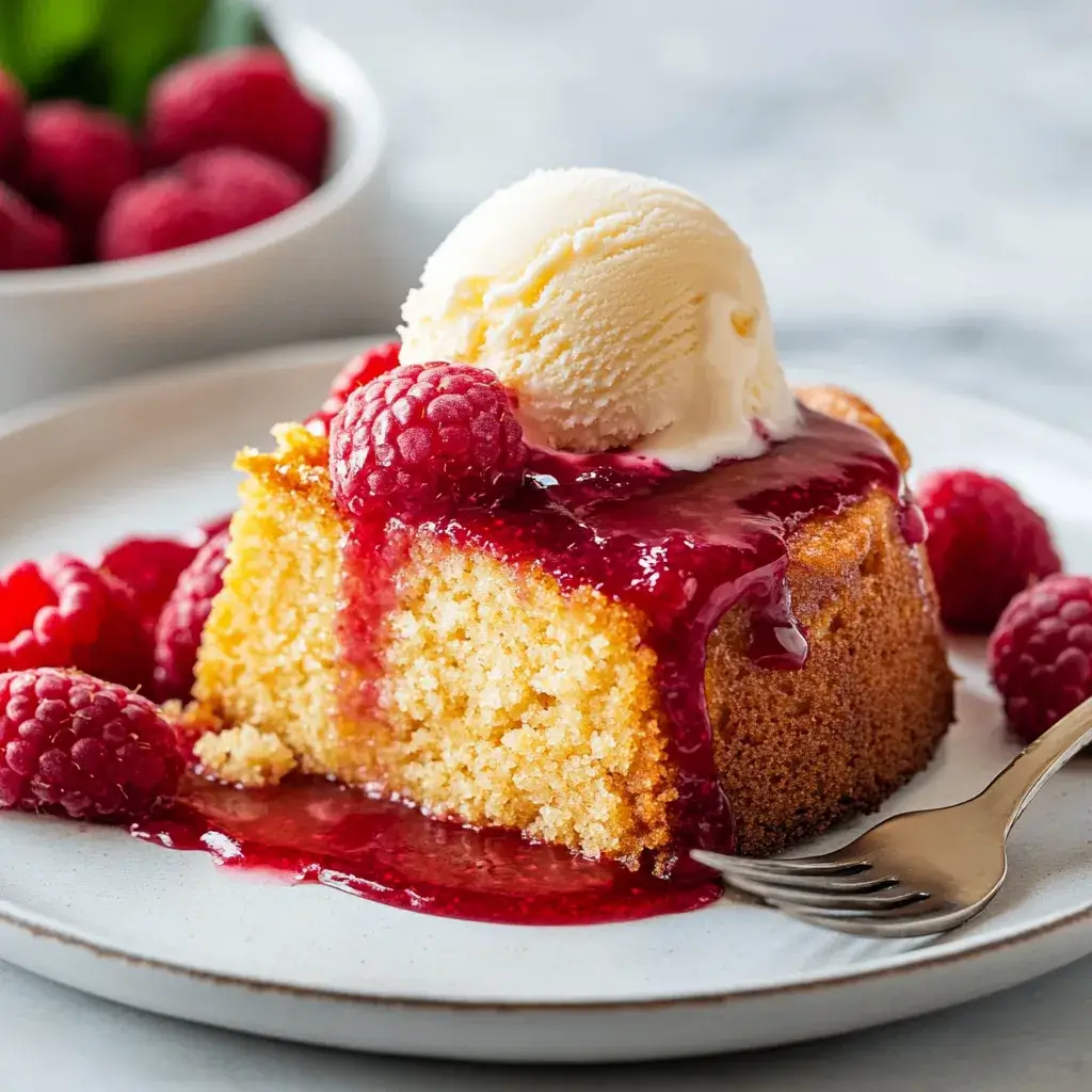 A slice of moist butter cake topped with vanilla ice cream and covered in bright red raspberry sauce. Fresh raspberries are scattered on the plate with a fork resting nearby.