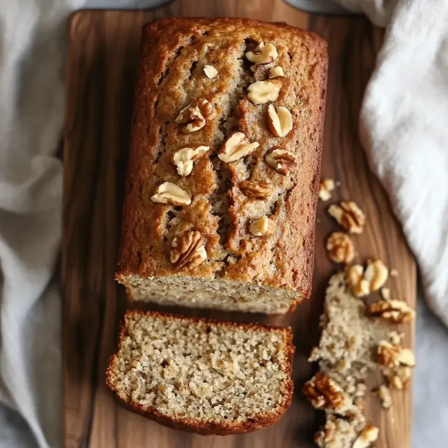 Top-down view of sourdough banana nut bread with walnuts.