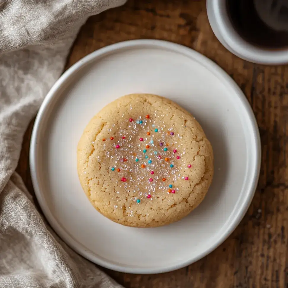 A top-down view of a golden-brown single sugar cookie on a white plate, decorated with colorful sugar crystals, placed on a rustic wooden table with a beige linen napkin and a steaming cup of coffee in the background.