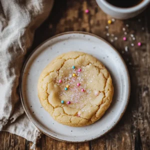 A top-down view of a golden-brown single sugar cookie on a white plate, decorated with colorful sugar crystals, placed on a rustic wooden table with a beige linen napkin and a steaming cup of coffee in the background.