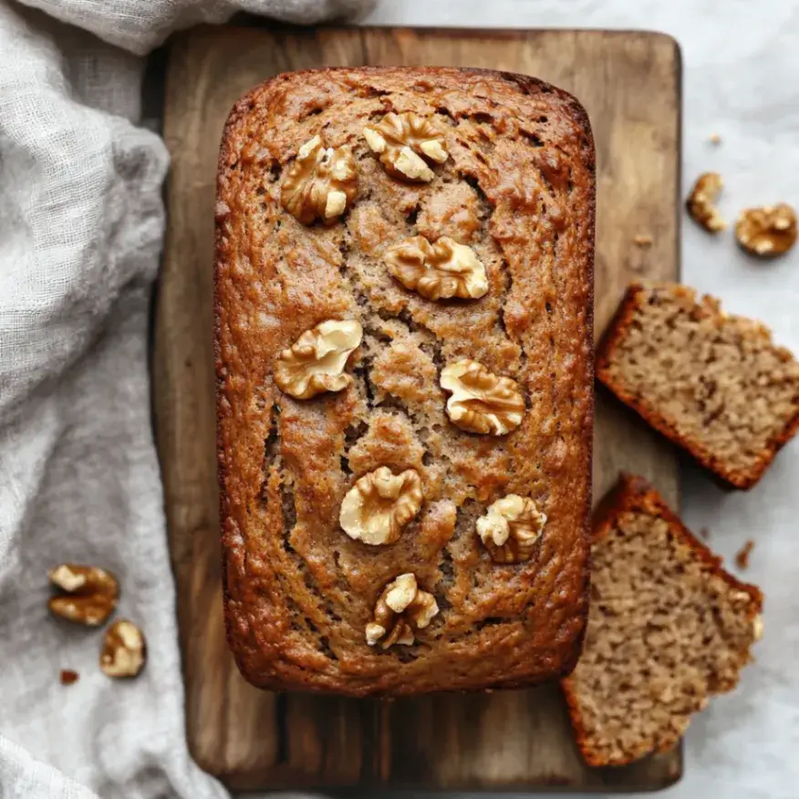 Top-down view of sourdough banana nut bread with walnuts.