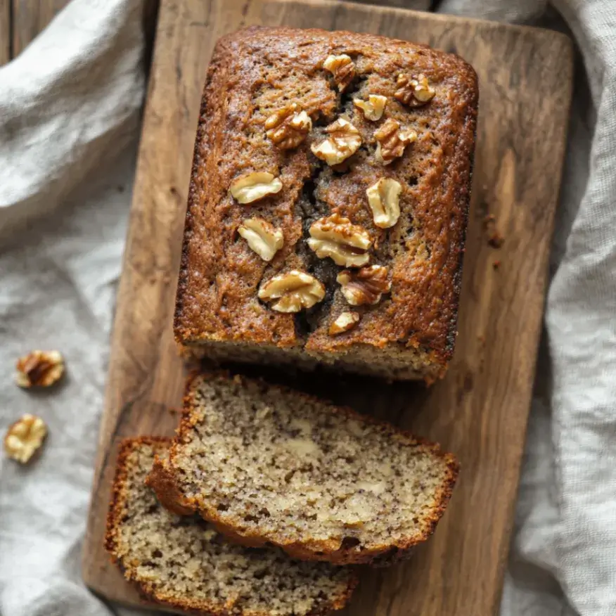 Top-down view of sourdough banana nut bread with walnuts.