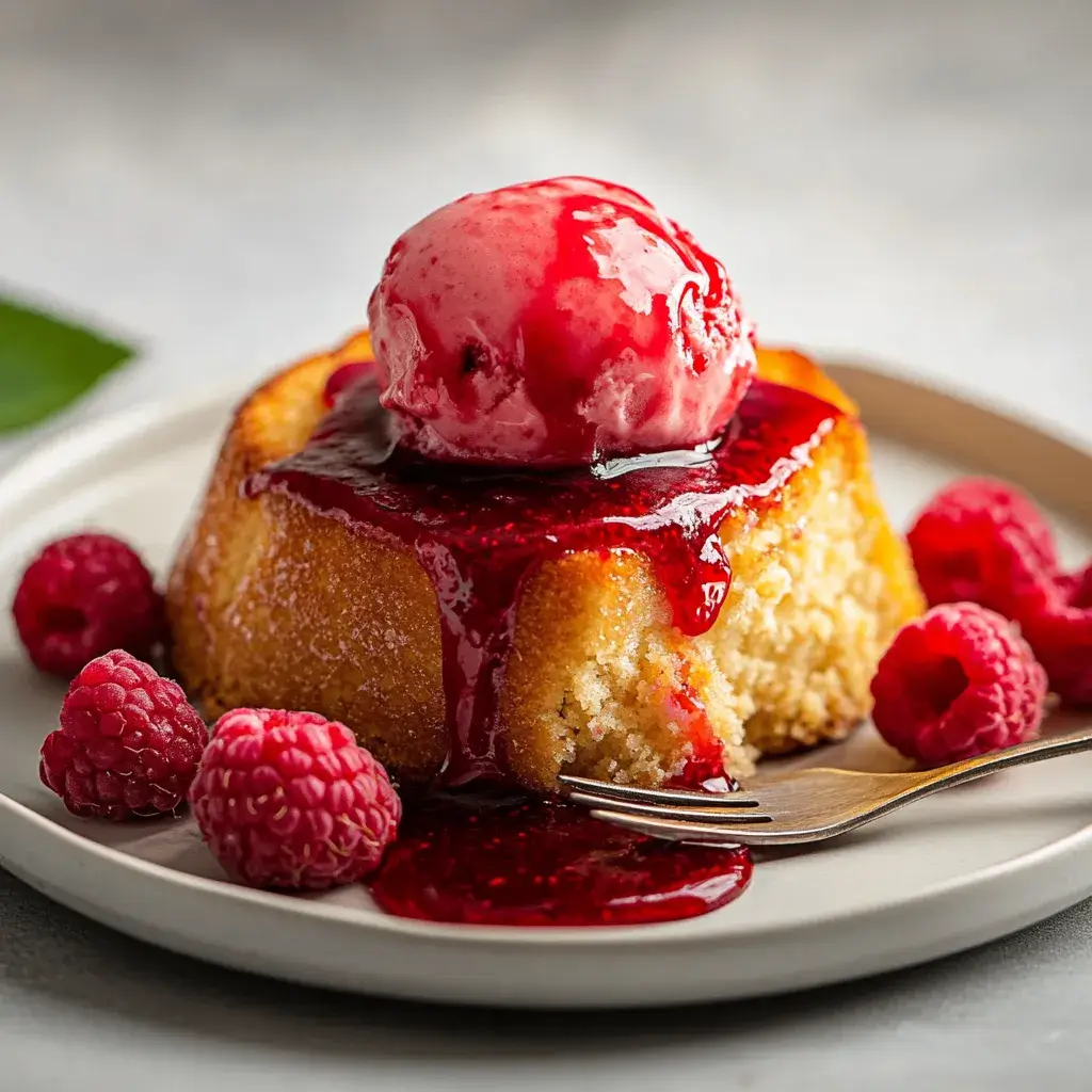 A single-serving butter cake topped with a scoop of raspberry ice cream, drenched in thick raspberry sauce, and surrounded by fresh raspberries on a white plate.