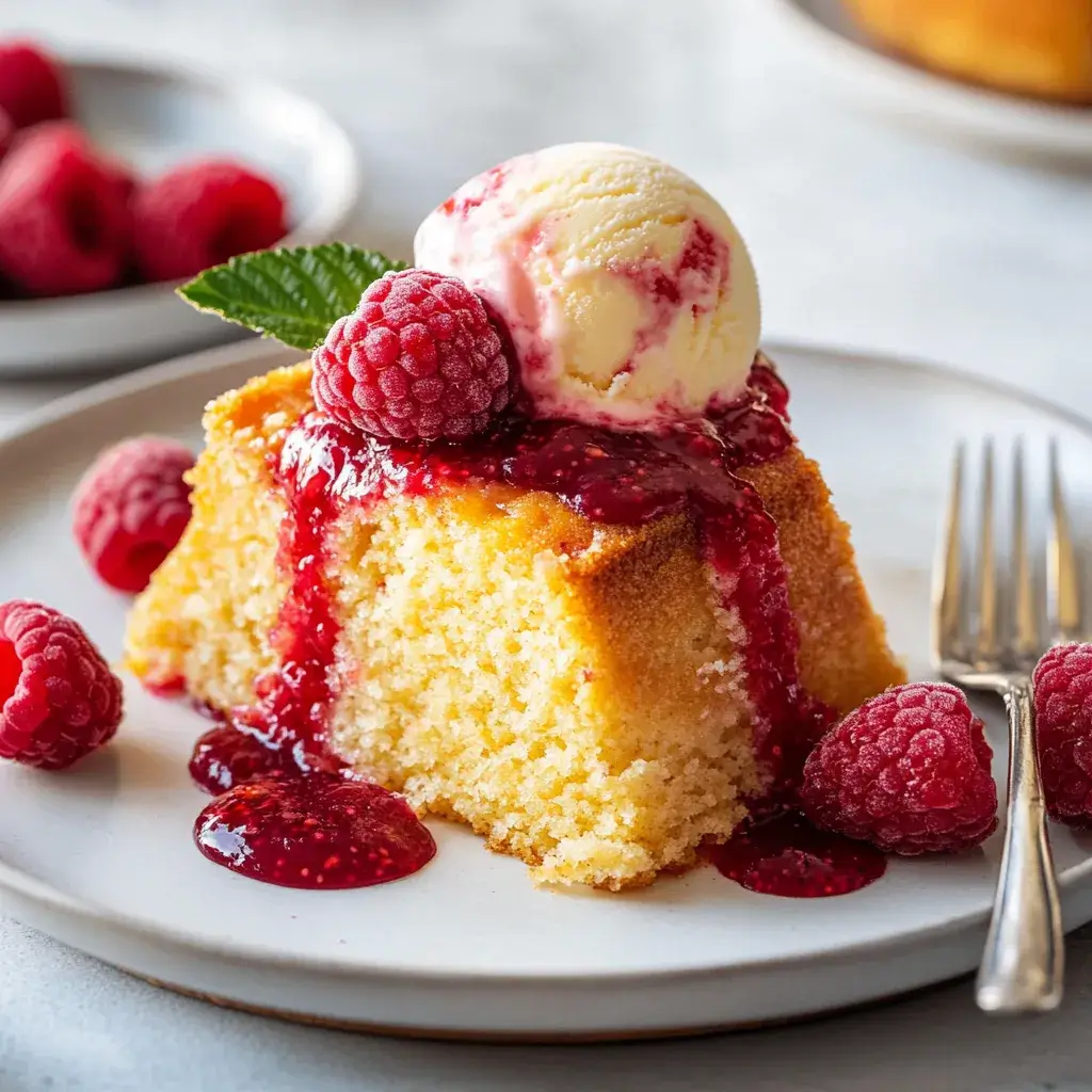 A golden butter cake with a crisp caramelized crust, topped with a scoop of melting vanilla ice cream and drizzled with vibrant raspberry sauce, served with fresh raspberries on a white background.