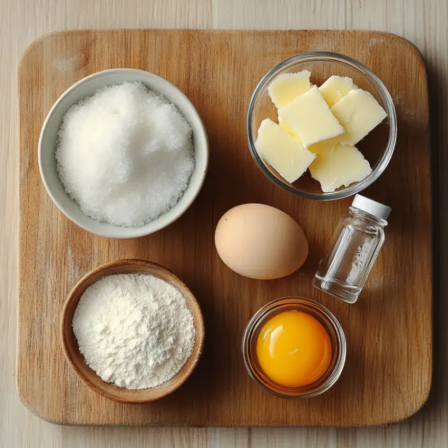 Flat-lay of raw ingredients for a single serve sugar cookie recipe, featuring granulated sugar, softened butter, an egg yolk, flour, baking soda, vanilla extract, and a pinch of salt on a wooden cutting board.