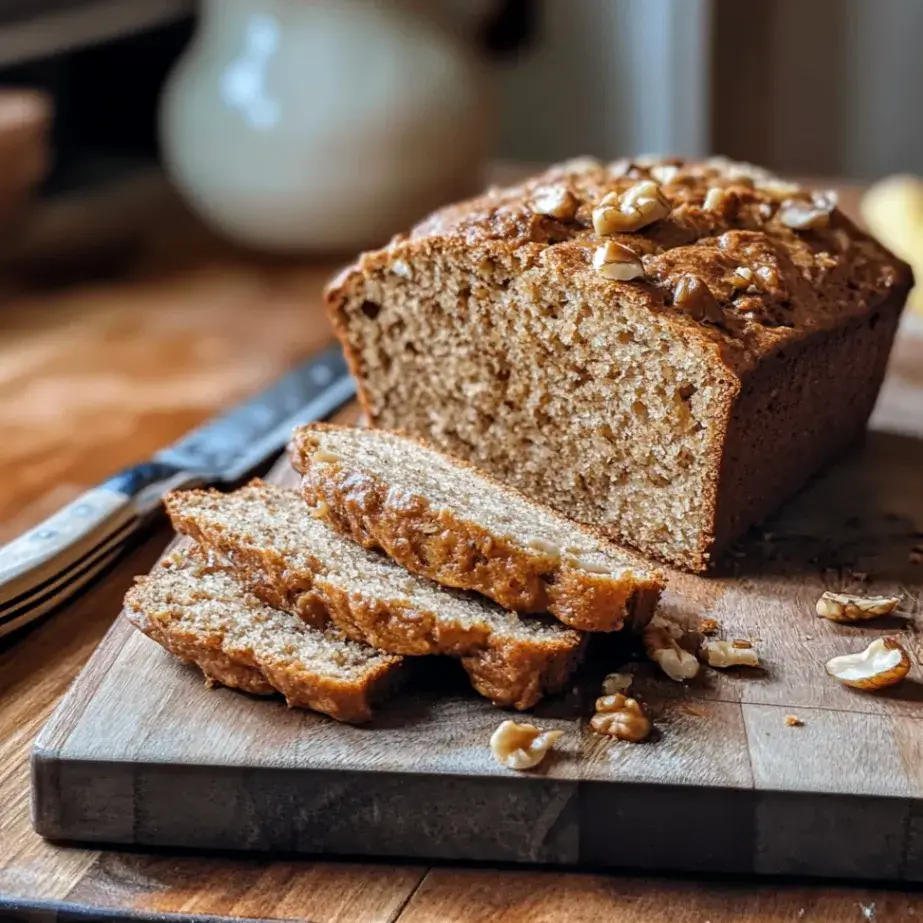 Angled view of sourdough banana nut bread slices showing texture.