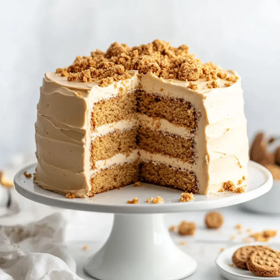 Side profile view of a frosted cookie butter cake on a white ceramic stand. A slice has been cut to reveal the moist interior texture. Crushed cookies cascade down the sides as decoration.