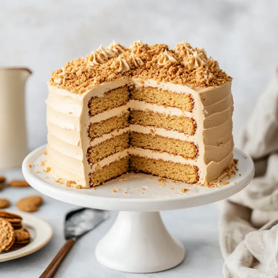 Side profile view of a frosted cookie butter cake on a white ceramic stand. A slice has been cut to reveal the moist interior texture. Crushed cookies cascade down the sides as decoration.