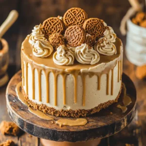 Bright Pinterest-style image of a cookie butter cake on a rustic wooden table with warm lighting. Decorative text overlays read 'Ultimate Cookie Butter Cake Recipe' and 'Moist Layers & Creamy Frosting.